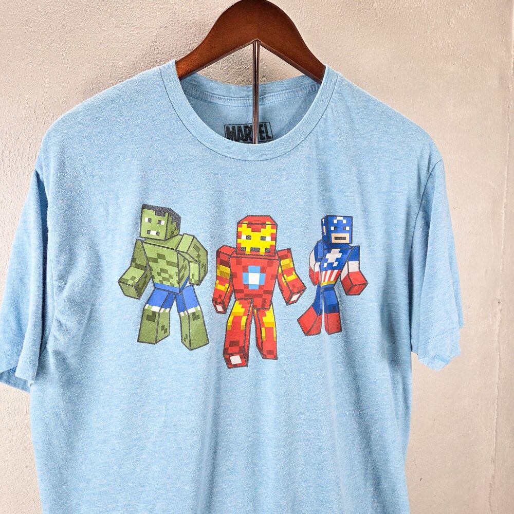 Marvel Comics Mad Engine Block Pixel Heroes T-Shirt Light Blue Sz XL